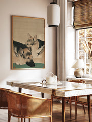 Japanese style dog art print showing two sleeping German Shepherds on a green and beige background. - Image 2
