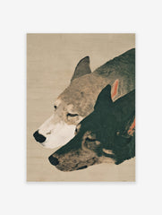 Illustrative dog art print featuring two calm dogs, one light and one dark, with closed eyes on a beige background.
