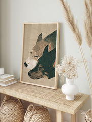 Illustrative dog art print featuring two calm dogs, one light and one dark, with closed eyes on a beige background. - Image 3