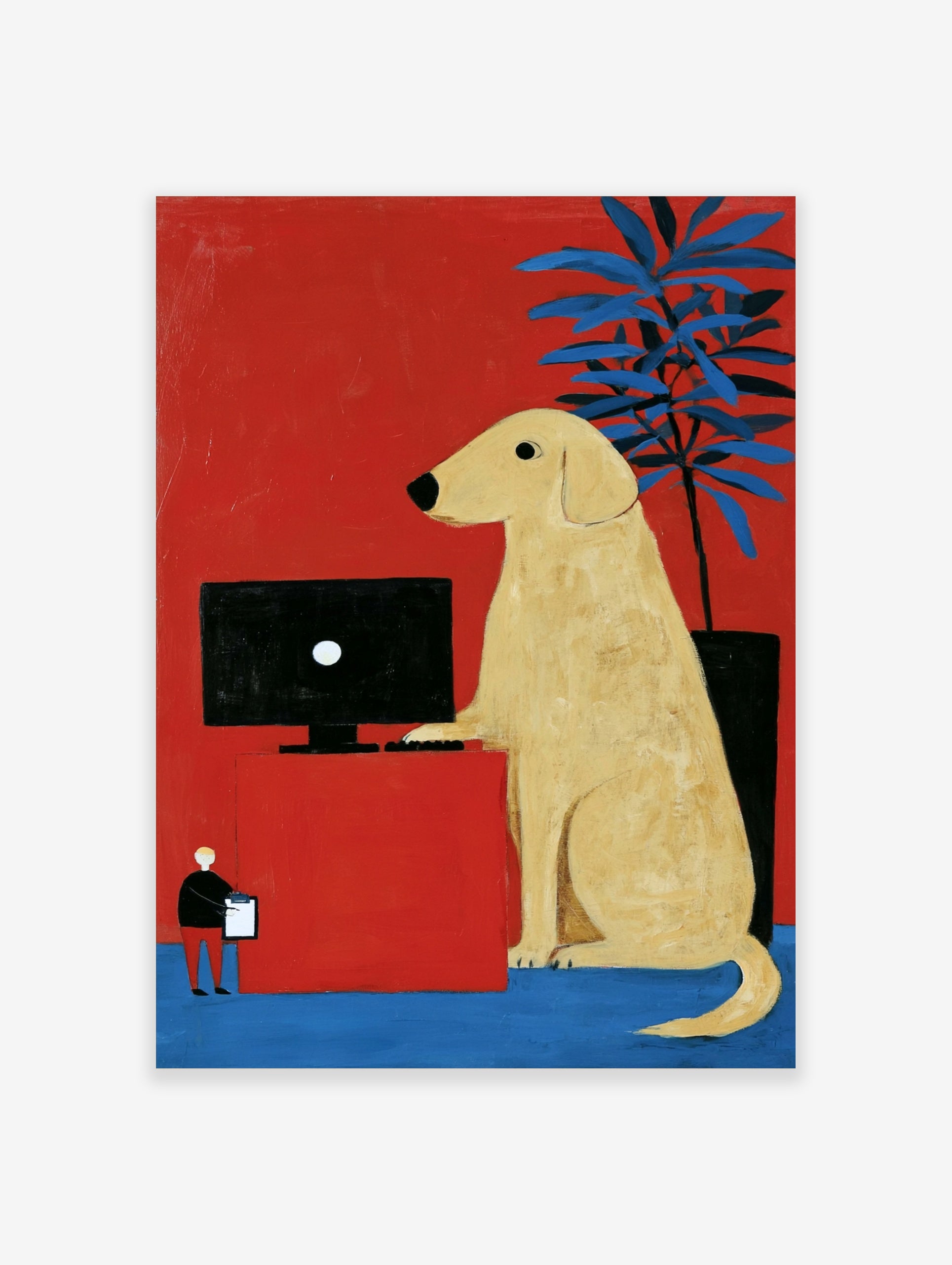 Illustrative art print of a yellow dog at a computer desk against a red background with a blue plant and a human figure