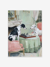 Painting of two Dalmatians playing chess at a table with a green tablecloth in an elegant room.