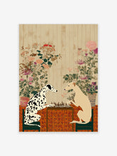 Dalmatian and sighthound dogs playing chess on a table with a patterned cloth and botanical wall art
