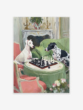 Whimsical painting of two dogs, a white greyhound and a black and white spotted dog, playing chess on a green table.