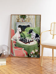 Whimsical painting of two dogs, a white greyhound and a black and white spotted dog, playing chess on a green table. - Image 2