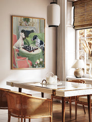 Whimsical painting of two dogs, a white greyhound and a black and white spotted dog, playing chess on a green table. - Image 3
