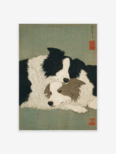 Japanese style Border Collie dog wall art print featuring two black, white, and brown dogs cuddling on a green background.