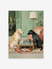 Painting of a Golden Retriever and Black Labrador dog playing chess on a small table in a green-walled room.