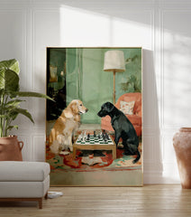 Painting of a Golden Retriever and Black Labrador dog playing chess on a small table in a green-walled room. - Image 3