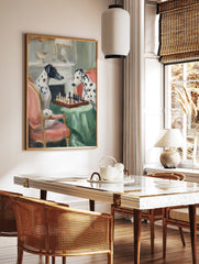 Dog wall art featuring two dogs, a black and white one and a Dalmatian, playing chess in an elegant room. - Image 3