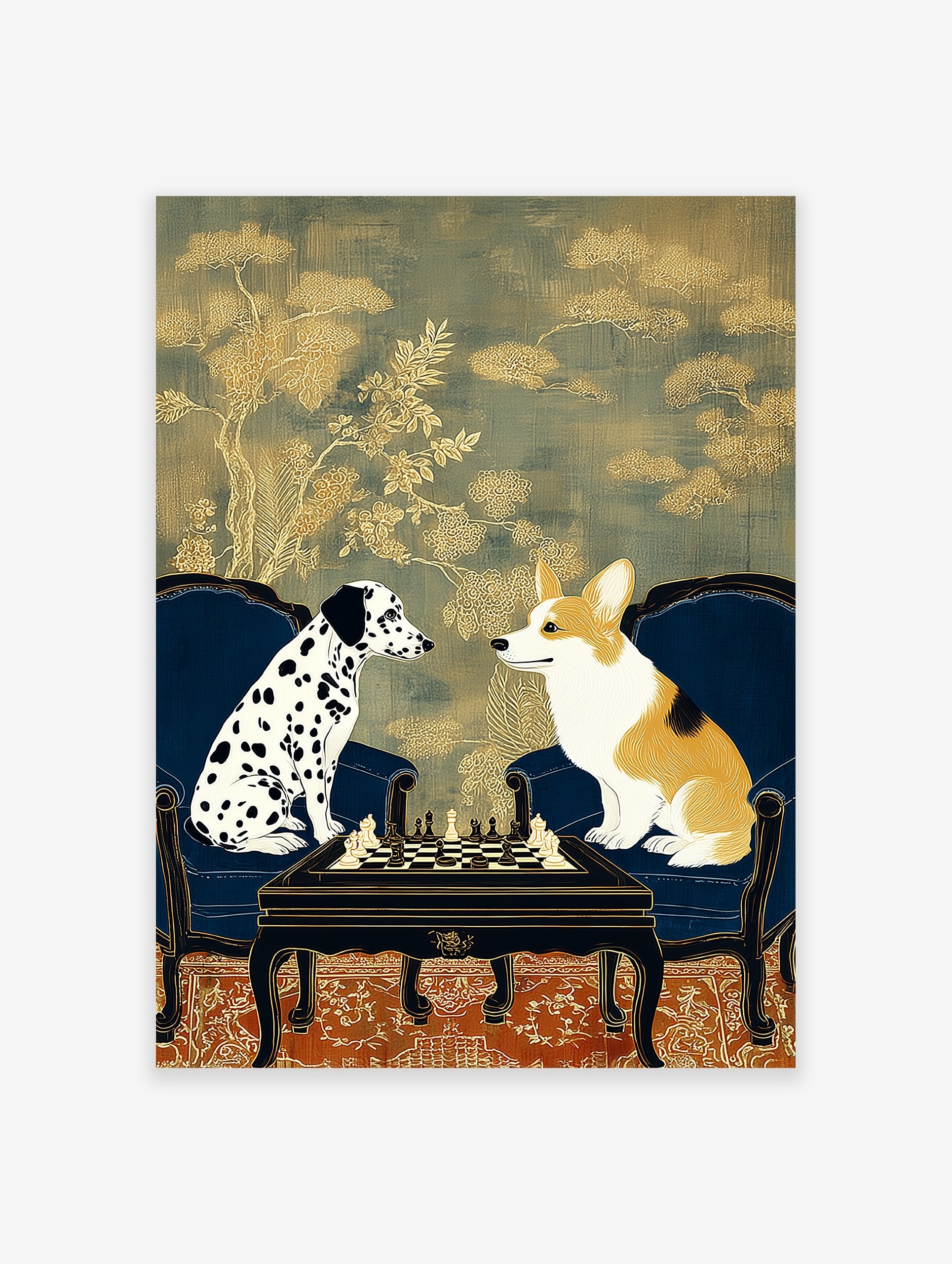 Illustrative dog wall art featuring a Dalmatian and a Corgi playing chess at a table in ornate chairs with a gold patterned background.