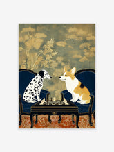 Illustrative dog wall art featuring a Dalmatian and a Corgi playing chess at a table in ornate chairs with a gold patterned background.