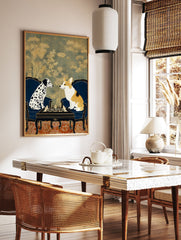 Illustrative dog wall art featuring a Dalmatian and a Corgi playing chess at a table in ornate chairs with a gold patterned background. - Image 2