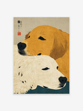 Japanese Ukiyo-e style art print featuring two Golden Retriever dogs, one golden and one cream, against a textured background.