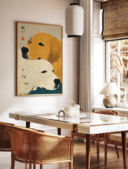 Japanese Ukiyo-e style art print featuring two Golden Retriever dogs, one golden and one cream, against a textured background. - Image 2
