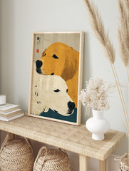 Japanese Ukiyo-e style art print featuring two Golden Retriever dogs, one golden and one cream, against a textured background. - Image 3