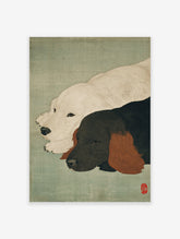 Japanese Ukiyo-e style dog wall art featuring a white dog and a black dog with brown ears resting on a green background.
