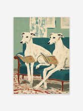 Illustration of two white whippet dogs reading books on a teal couch. Charming reading dog wall art for home decor.
