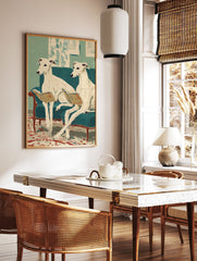Illustration of two white whippet dogs reading books on a teal couch. Charming reading dog wall art for home decor. - Image 2