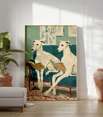 Illustration of two white whippet dogs reading books on a teal couch. Charming reading dog wall art for home decor. - Image 3
