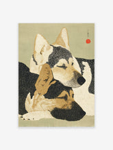 Japanese style dog wall art print featuring two sleeping dogs with black, cream, and brown fur on a green background.