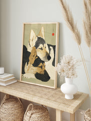 Japanese style dog wall art print featuring two sleeping dogs with black, cream, and brown fur on a green background. - Image 3