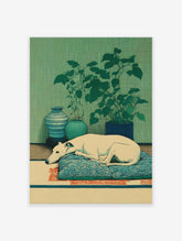Serene dog wall art featuring a white greyhound sleeping on a blue patterned cushion, with green plants and vases.