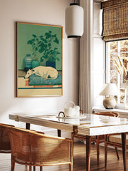 Serene dog wall art featuring a white greyhound sleeping on a blue patterned cushion, with green plants and vases. - Image 2