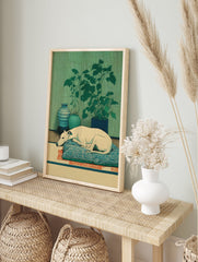 Serene dog wall art featuring a white greyhound sleeping on a blue patterned cushion, with green plants and vases. - Image 3