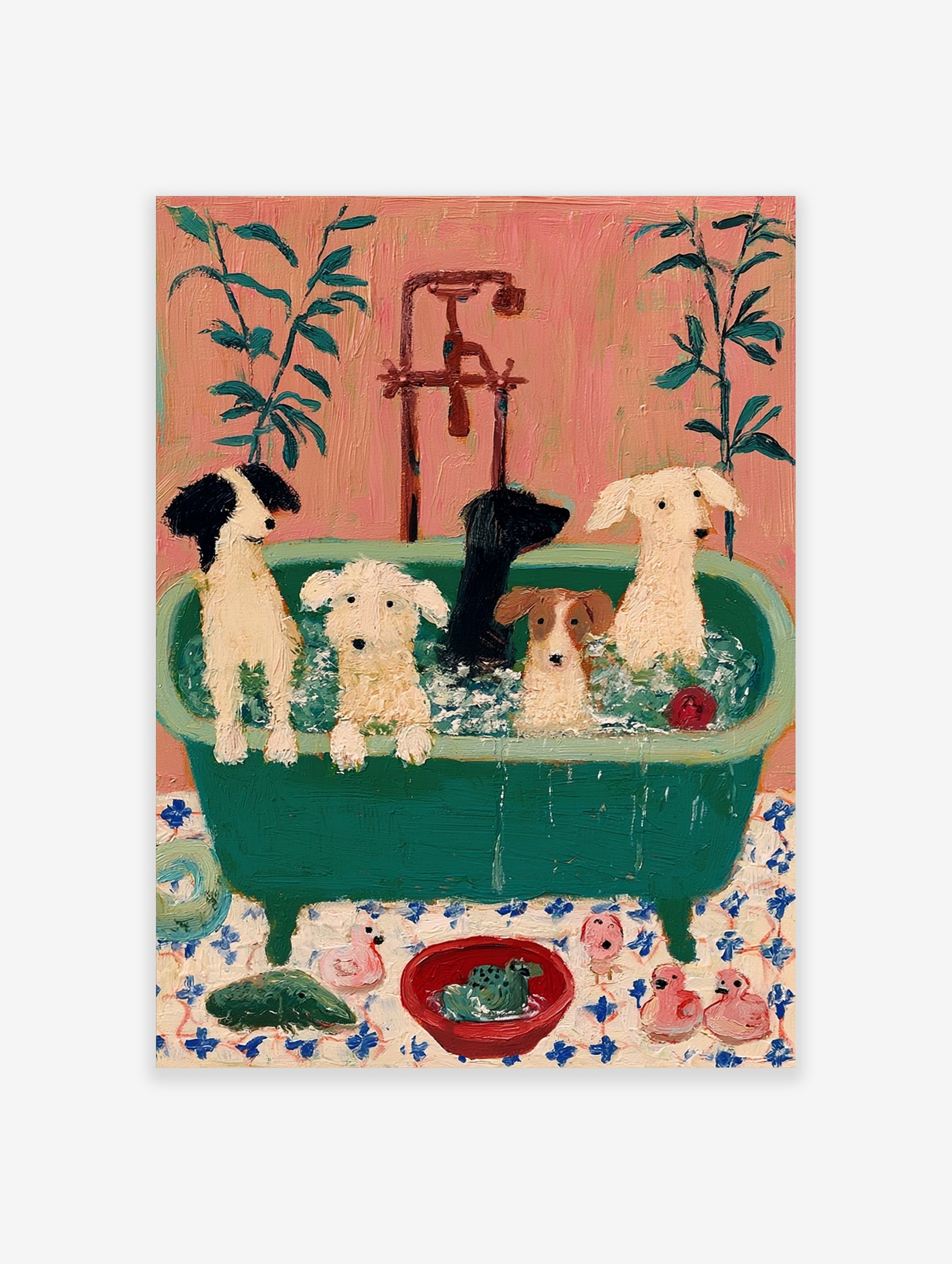 Painterly art print of five dogs in a green claw-foot bathtub with rubber ducks and a frog on a tiled floor