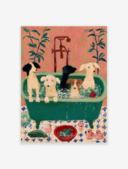 Painterly art print of five dogs in a green claw-foot bathtub with rubber ducks and a frog on a tiled floor