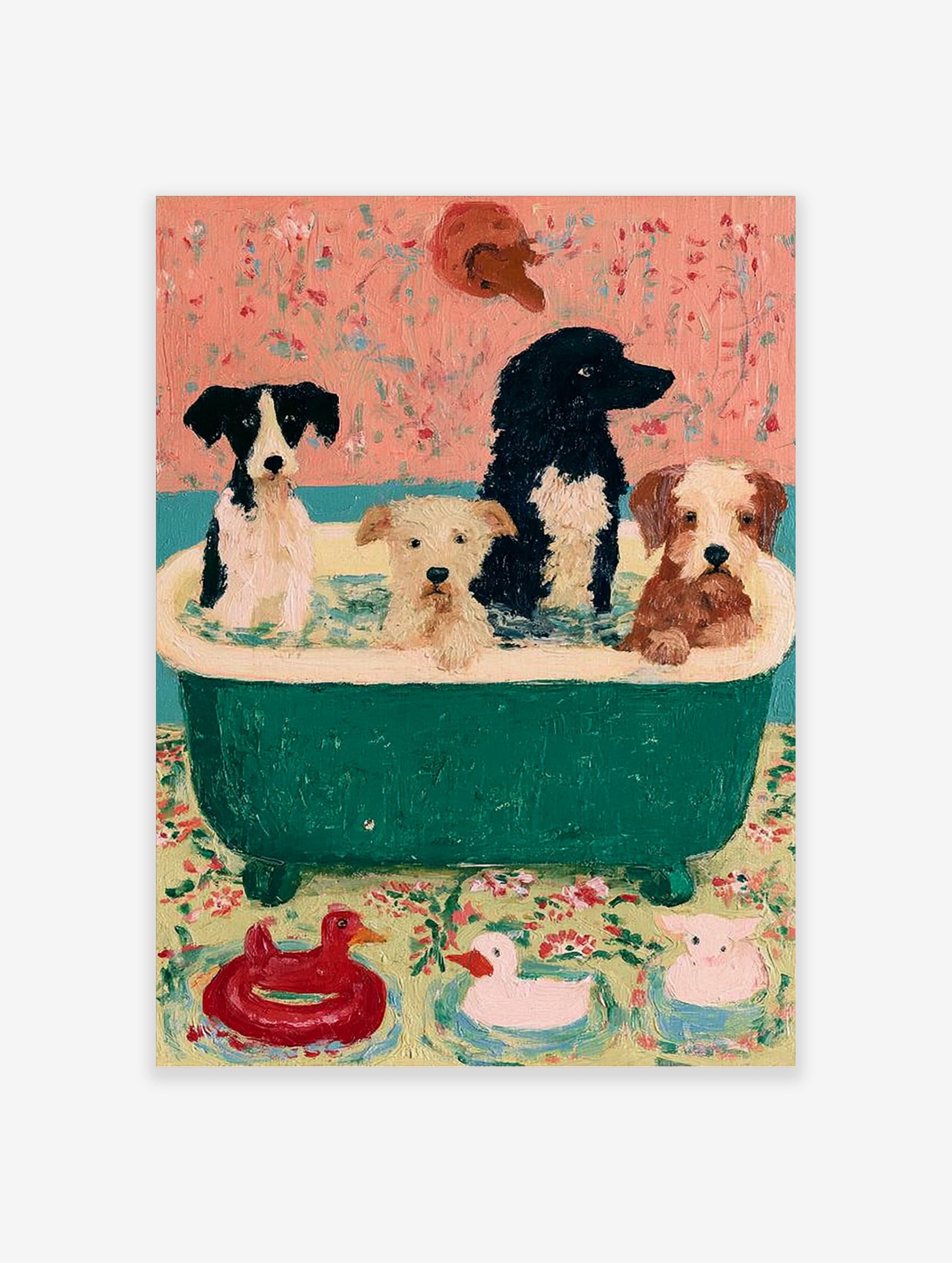 Four dogs in a green bathtub with toy ducks on the floor, painterly style art print on pink floral background