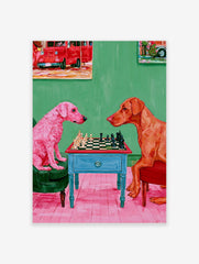 Impressionist illustration of a pink dog and a ginger dog playing chess on a blue table against a green background