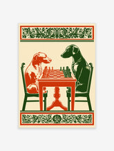 Vintage style illustration of a red dog and a green dog playing chess at a table with ornate borders