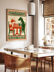 Vintage style illustration of a red dog and a green dog playing chess at a table with ornate borders, in a styled room mockup