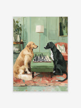 Painting of a golden retriever and a black dog playing chess on a green table with a green room background.