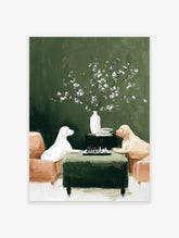 Illustrative print of two dogs, a white Labrador and a golden retriever, playing chess on a green table