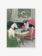 Painting of two dogs, one white, one spotted, playing chess on a table in an elegant room with a fireplace.