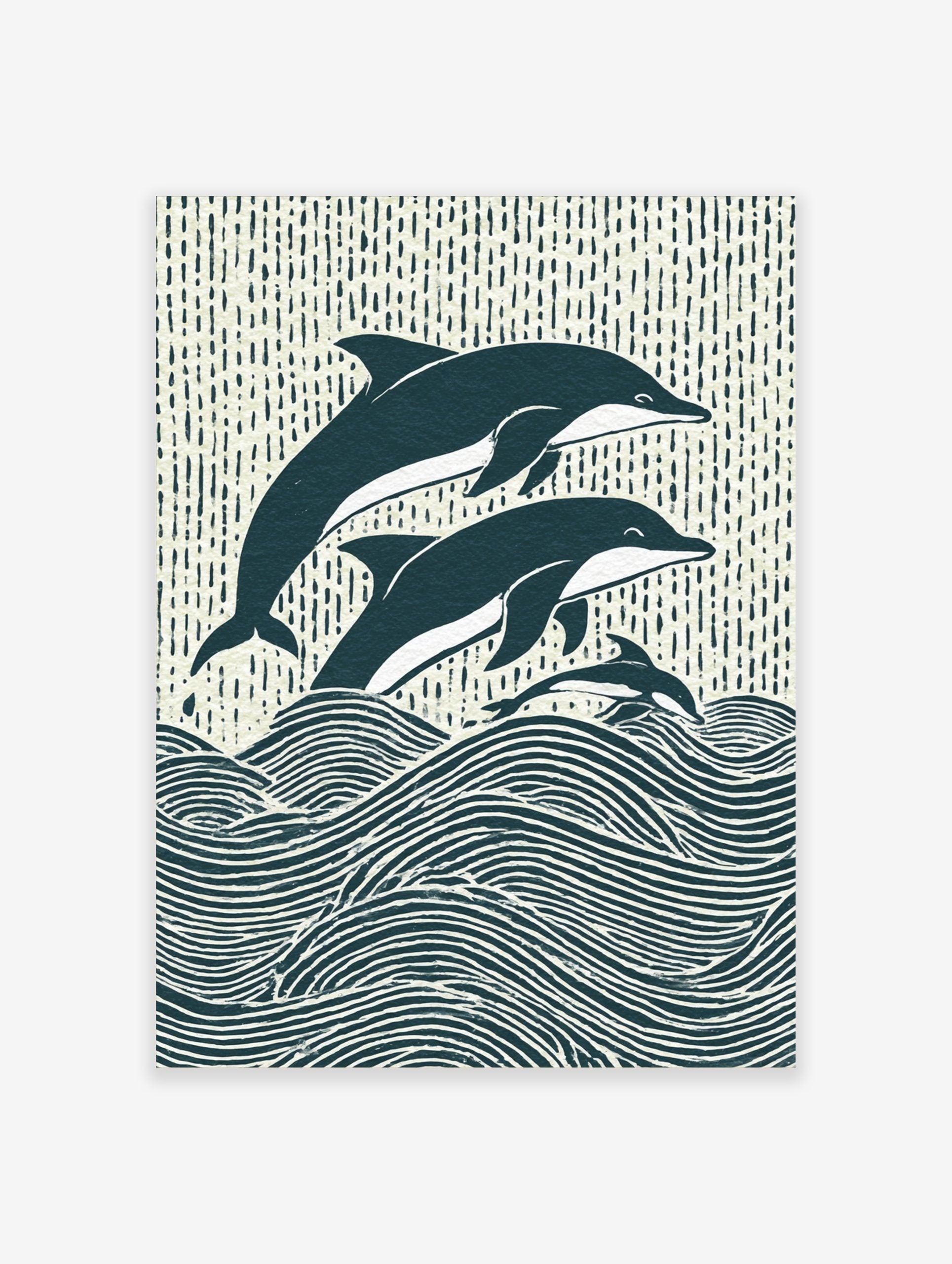 Illustrative woodcut-style print of three navy and white dolphins leaping from ocean waves
