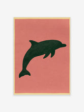 Minimalist dark green dolphin silhouette illustration on a muted pink background, unframed paper wall art print