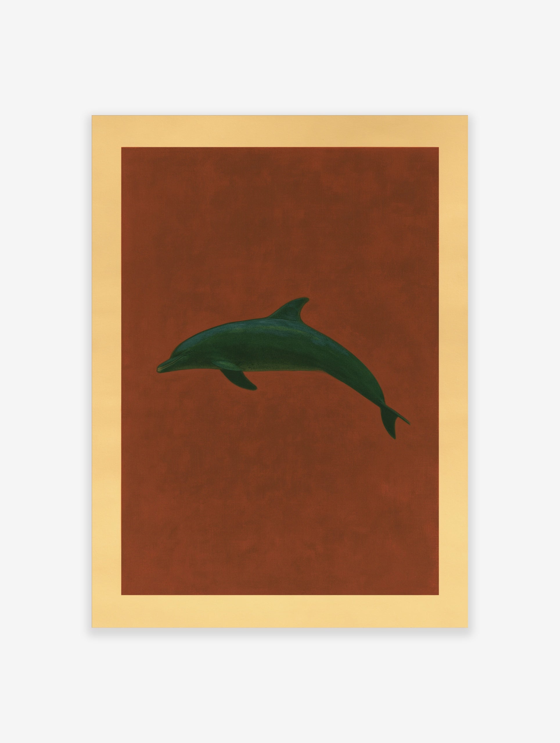 Minimalist dark green dolphin illustration on a textured terracotta background with a light tan border