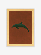 Minimalist dark green dolphin illustration on a textured terracotta background with a light tan border