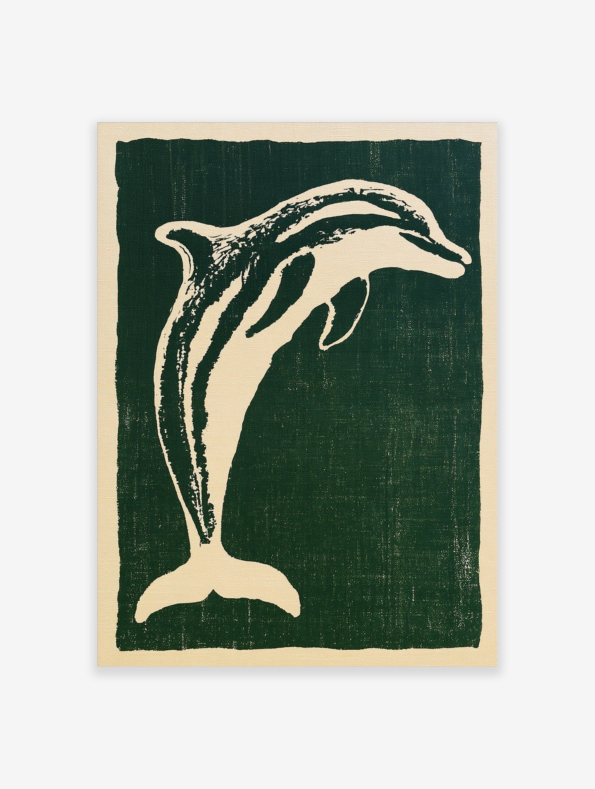 Stylised cream dolphin illustration on a deep green background, illustrative animal wall art print