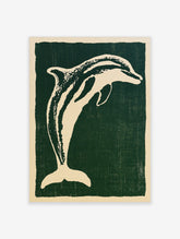 Stylised cream dolphin illustration on a deep green background, illustrative animal wall art print
