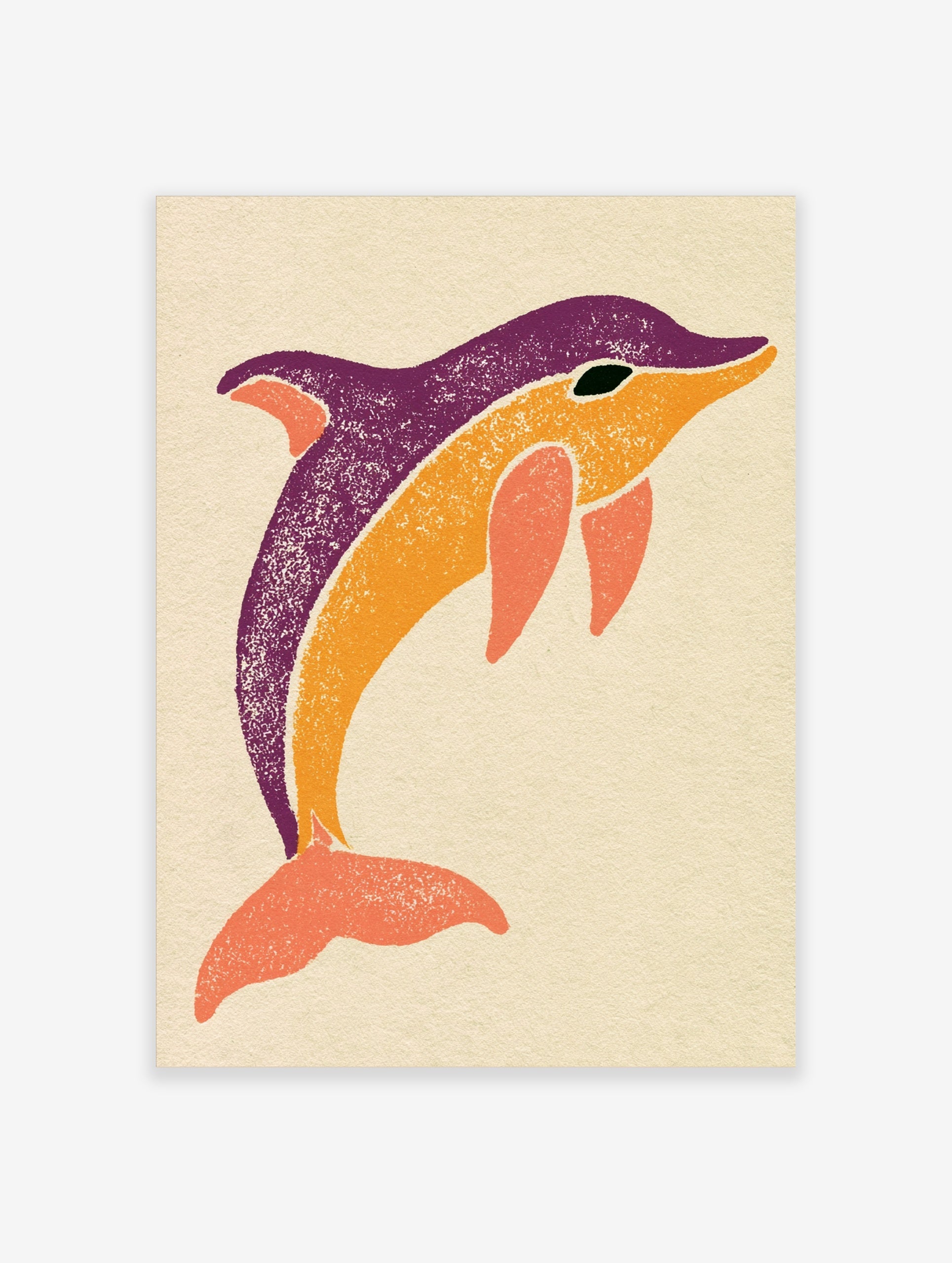 Stylised dolphin illustration in purple, orange, and coral on a neutral background, illustrative animal wall art print