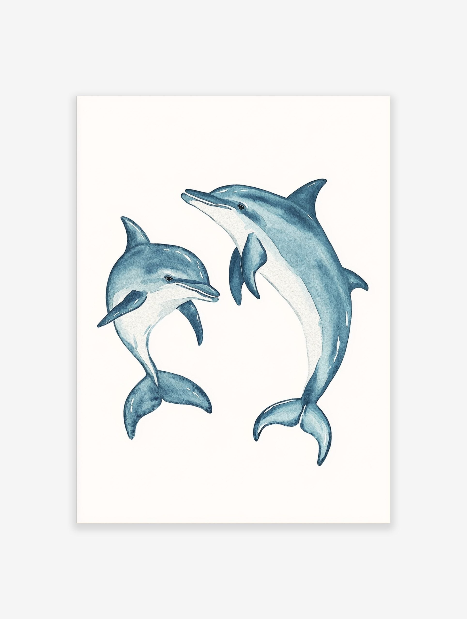 Two blue watercolour dolphins, one large and one small, in dynamic swimming poses on a white background