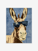 Close-up portrait of a donkey wearing black sunglasses against a blue background, illustrative art print
