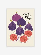 Illustration of purple figs and halved fruit with handwritten text don't give a fig on a beige background