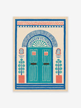 Illustrative doorway wall art print with an arched blue door, red accents, and potted plants on a cream background, folk art style.