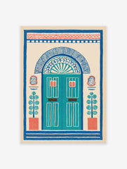 Illustrative doorway wall art print with an arched blue door, red accents, and potted plants on a cream background, folk art style.