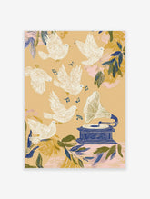Illustrative art print with white doves flying around a blue gramophone and music notes on a beige background